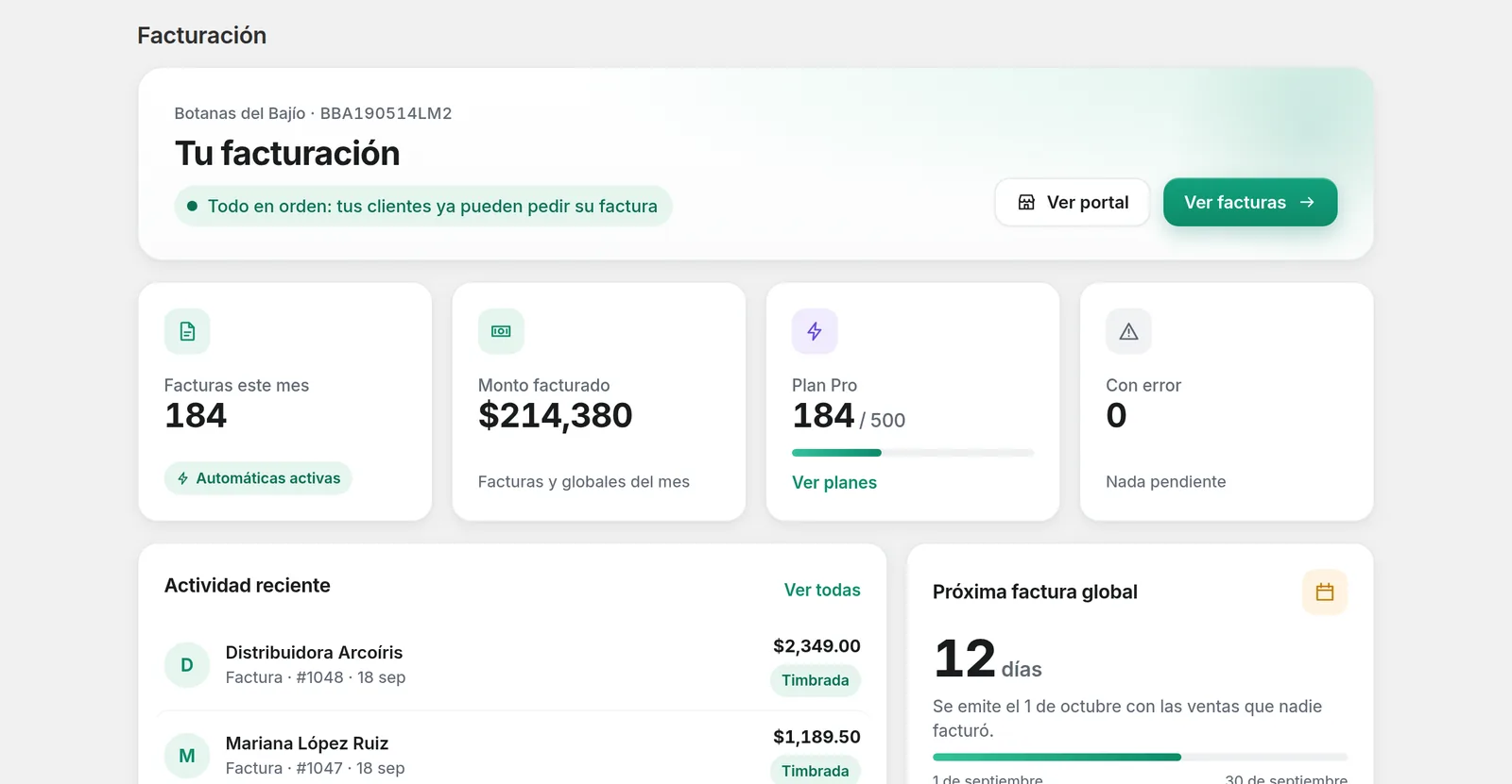 Panel de Sellu con las facturas del mes, el monto facturado y la próxima factura global